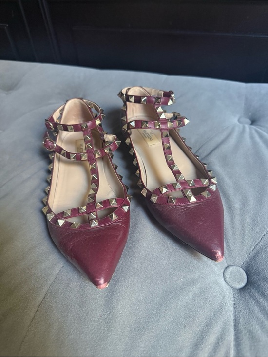 Valentino Shoes - Valentino Burgundy Studded Pointed T-Strap Flats